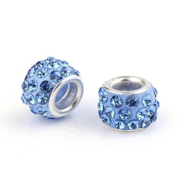 

PandaHall Polymer Clay Rhinestone European Beads, Large Hole Beads, Rondelle, with Silver Color Plated Brass Cores, Light Sapphire..., Blue