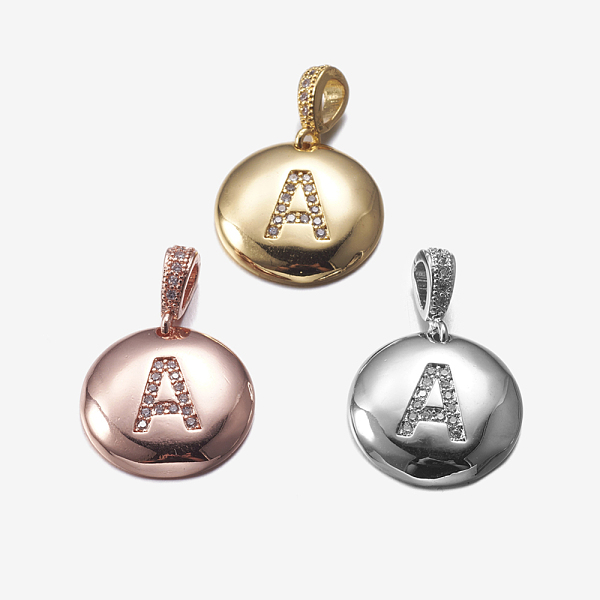 

PandaHall Brass Pendants, with Cubic Zirconia, Cadmium Free & Lead Free, Flat Round with Letter, Mixed Color, Letter.A, 22mm, Hole: 2x3mm...