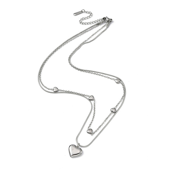 

PandaHall 304 Stainless Steel Cable & Round Snake Chains Double Layer Necklace, with Heart Pendants, Stainless Steel Color, 14-7/8 inch...