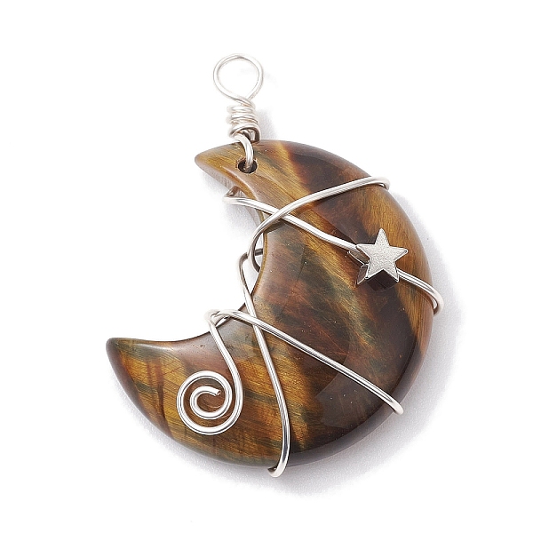 

PandaHall Natural Tiger Eye Copper Wire Wrapped Pendants, Moon with Star Charms, Platinum, 44.5x35x11.5mm, Hole: 4mm Tiger Eye Moon