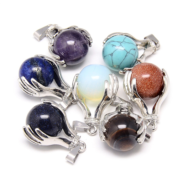 

PandaHall Natural & Synthetic Mixed Stone Pendants, with Iron Findings, Hand with Round Ball, Platinum, 30~32x20~21x16~17mm, Hole: 3x8mm...