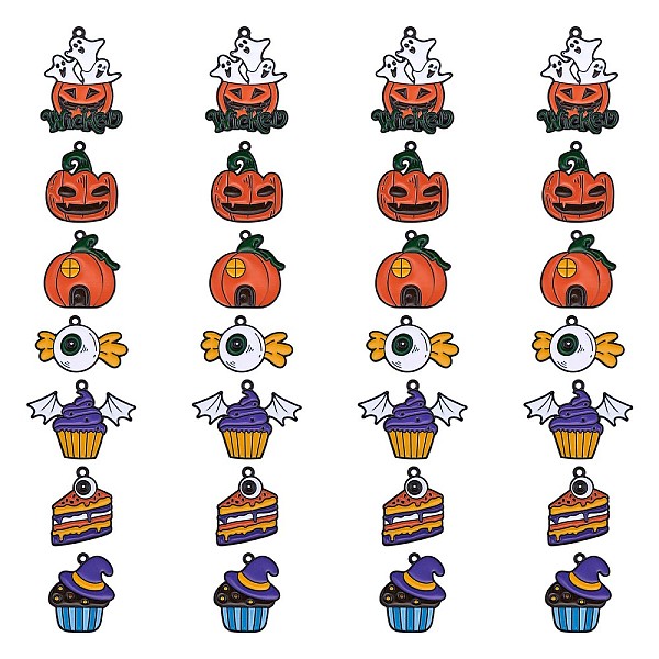 PandaHall 28Pcs 7 Style Halloween Alloy Enamel Pendants, Ghost Pumpkin & Pumpkin House & Candy with Eye, Gunmetal, 26x22mm, 4pcs/style...