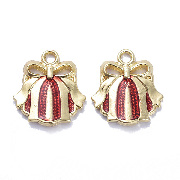 

PandaHall Golden Plated Alloy Enamel Pendants, for Christmas, Christmas Red Stripe Bell, Gold, 19x17x3mm, Hole: 2mm Alloy+Enamel Bell Gold