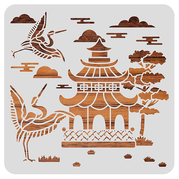 PandaHall BENECREAT 30x30cm Oriental Theme Plastic Painting Templates, Pagoda Crane Pattern Drawing Stencils for Scrapbook Decoration DIY...