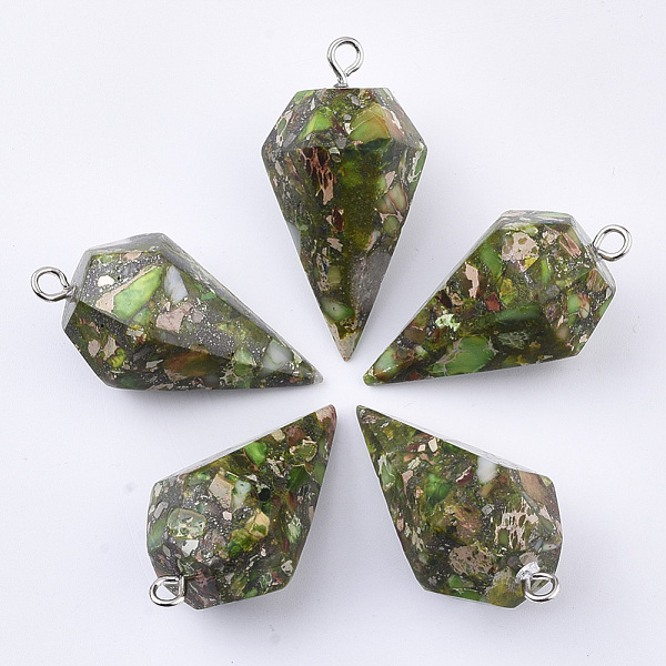 

PandaHall Synthetic Gold Line Regalite/Imperial Jasper/Sea Sediment Jasper Pointed Pendants, with Platinum Plated Iron Findings, Dyed, Cone..., Green