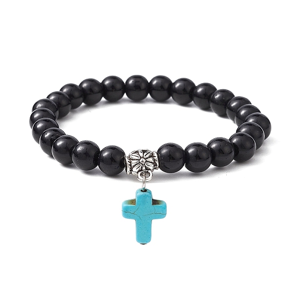 

PandaHall Synthetic Black Stone Round Beaded Stretch Bracelet, with Synthetic Turquoise Cross Charms, Turquoise, Inner Diameter: 2-1/8 inch..., Green