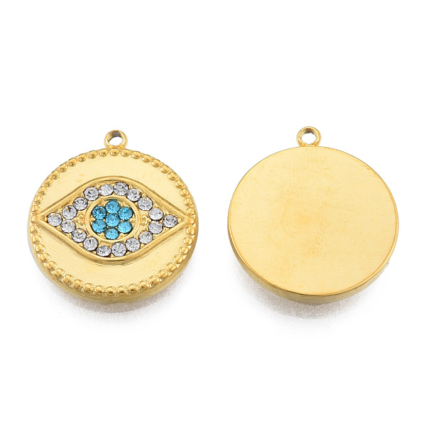 

PandaHall 304 Stainless Steel Pendants, with Rhinestone, Flat Round with Eye, Real 18K Gold Plated, 19x16.5x2.5mm, Hole: 1.4mm Stainless..., Cyan