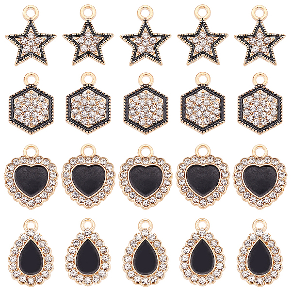

PandaHall 32Pcs 4 Style Alloy Pendants, with Crystal Rhinestone and Black Enamel, Hexagon & Star & Heart & Teardrop, Black...
