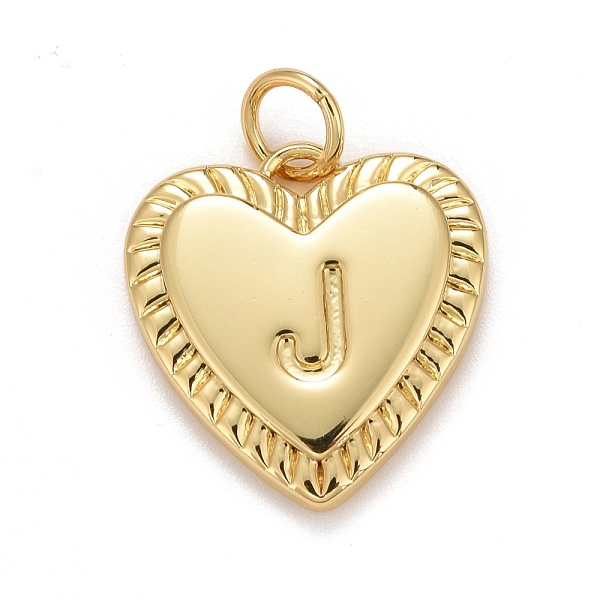 Rack Plating Real 18K Gold Plated Brass Pendants, with Jump Rings, Long-Lasting Plated, Lead Free & Cadmium Free & Nickel Free, Heart with Letter A-Z, Letter.J, 16x15x2.5mm, Jump Ring: 5x0.5mm, 3mm Inner Diameter