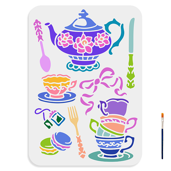 

PandaHall MAYJOYDIY Afternoon Tea Stencil 11.7×8.3inch Tea Cups Flower Teapot Stencils with Paint Brush Reusable Dessert Tea Fork Spoon...