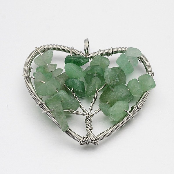 

PandaHall Brass Gemstone Pendants, Heart with Tree of Life, Platinum, 46~50x48~53x10mm, Hole: 5mm Green Aventurine Heart