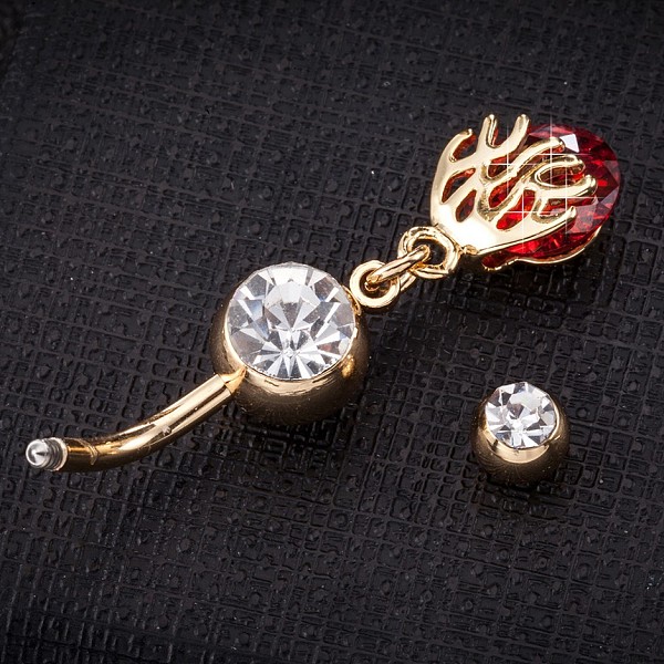 

PandaHall Piercing Jewelry, Brass Cubic Zirconia Navel Ring, Belly Rings, with 304 Stainless Steel Bar, Cadmium Free & Lead Free, Real 18K..., Red