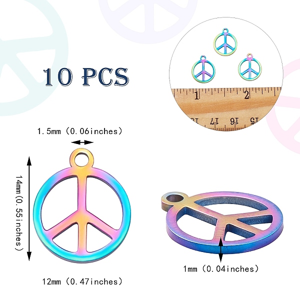 

PandaHall 201 Stainless Steel Charms, Peace Sign, Rainbow Color, 14x12x1mm, Hole: 1.5mm, 10pcs/box 201 Stainless Steel Others