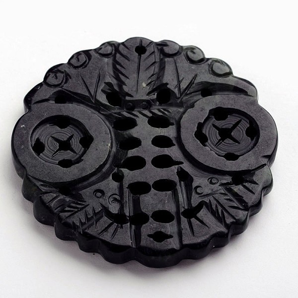 

PandaHall Carved Flat Round Natural Jade Big Pendants, Dyed, Black, 50~57x50~57x6~8mm, Hole: 2mm Other Jade Flat Round Black