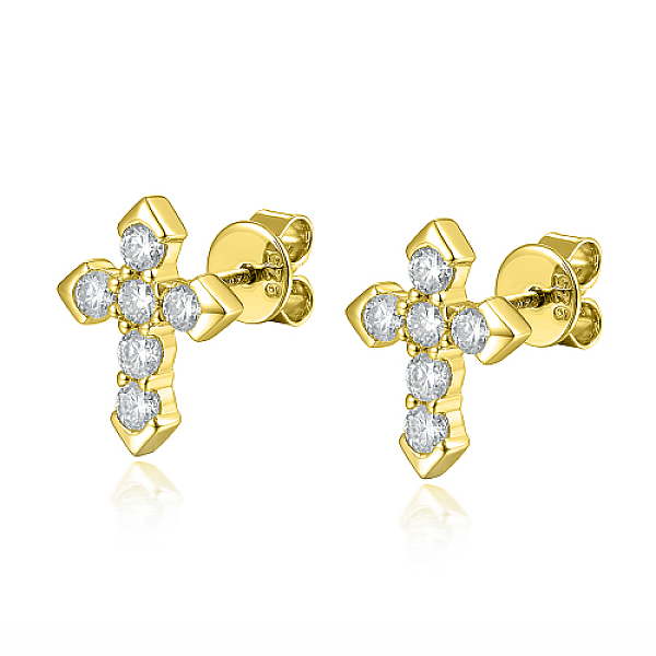 

PandaHall 925 Sterling Silver Micro Pave Cubic Zirconia Stud Earrings, Cross, with 925 Stamp, Golden, 12x10mm Cubic Zirconia Cross Clear