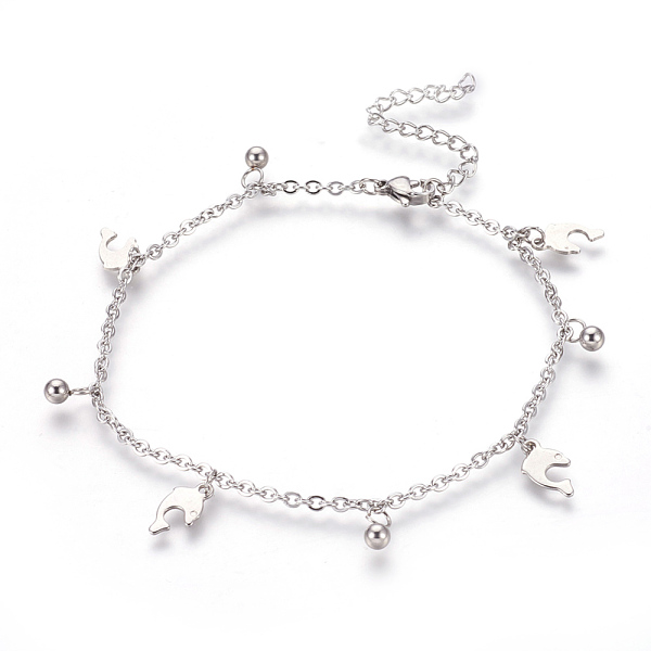 

PandaHall 304 Stainless Steel Charm Anklets, Dolphin and Round, Stainless Steel Color, 9-1/4 inch(23.5cm), 2mm Stainless Steel