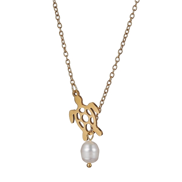 

PandaHall Natural Pearl & Hollow Turtle Lariat Necklaces, with Ion Plating(IP) 304 Stainless Steel Cable Chains, Golden, 24.57 inch(62.4cm)...
