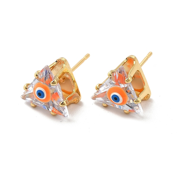 PandaHall Glass Triangle with Enamel Evil Eye Stud Earrings, Real 18K Gold Plated Brass Jewelry for Women, Orange, 10.5x11mm, Pin: 0.8mm...