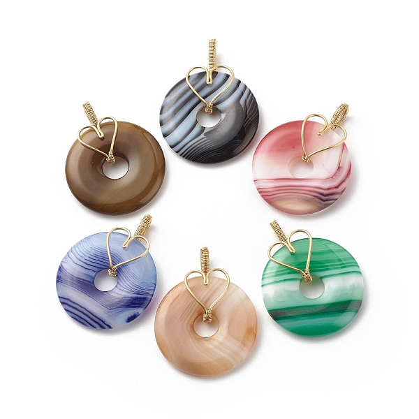 

PandaHall Natural Striped Agate/Banded Agate Pendants, with Real 18K Gold Plated Eco-Friendly Copper Wire Wrapped, Dyed, Donut/Pi Disc Charm..., Multicolor