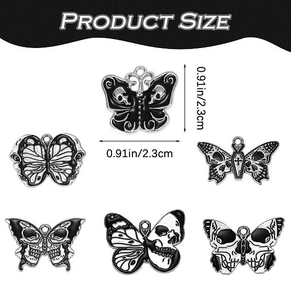 

PandaHall 18Pcs 6 Styles Halloween Alloy Enamel Pendants, Butterfly with Skull Charm, Platinum, Black, 19~23x23~30x1~3mm, Hole: 1.8~2mm...