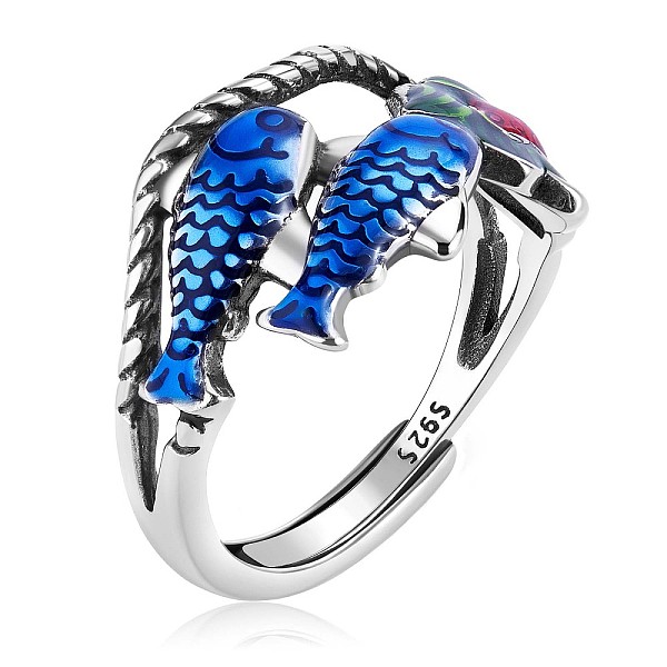 

PandaHall Double Lucky Koi Fish with Lotus Rhodium Plated 925 Sterling Silver Adjustable Ring with Eanmel for Women, Colorful, US Size 7 1/4...