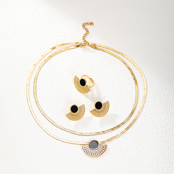 

PandaHall Fan Shape Golden Stainless Steel Jewelry Set, Stud Earrings & Adjustable Ring & Herringbone Chains Double Layer Necklace, Black...