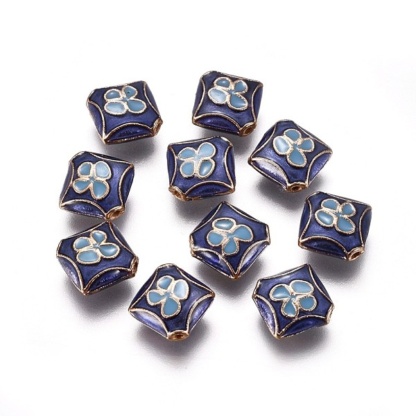 

PandaHall Alloy Enamel Beads, Rhombus with Flower, Golden, Blue, 11.5x12x5mm, Hole: 1.2mm, Side Length: 10mm Alloy+Enamel Rhombus Blue