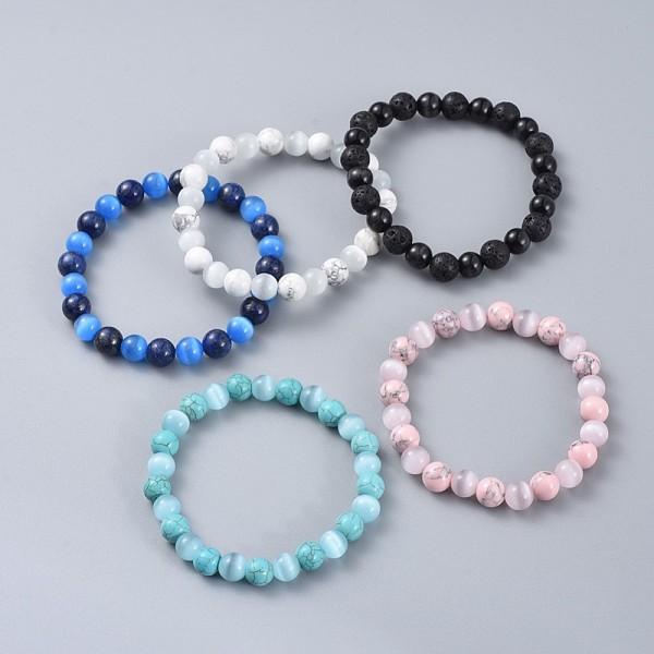 

PandaHall Natural & Synthetic Gemstone Stretch Bracelets, with Cat Eye Round Beads, 2-3/8 inch(6cm) Mixed Stone Multicolor