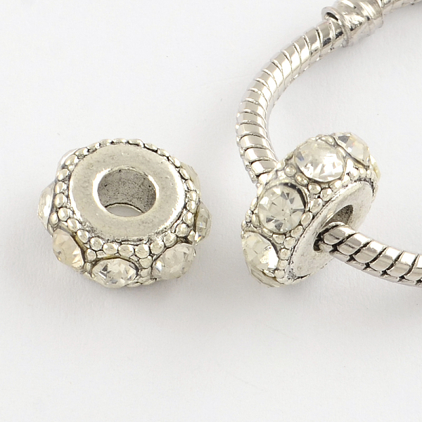 

PandaHall Flat Round Antique Silver Plated Alloy Rhinestone European Beads, Large Hole Beads, Crystal, 14~15x6~7mm, Hole: 5mm..., Clear