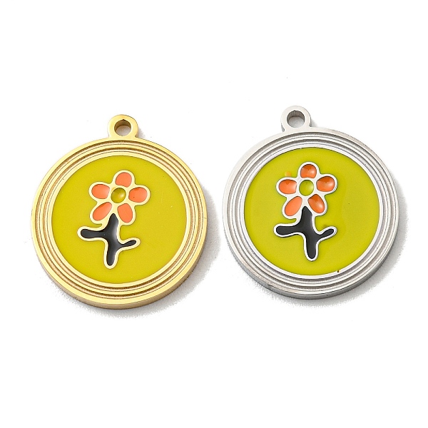 

PandaHall 304 Stainless Steel Pendants, with Enamel, Flat Round with Flower Charm, Real 14K Gold Plated, 16x14x1.5mm, Hole: 1.2mm Stainless..., Yellow
