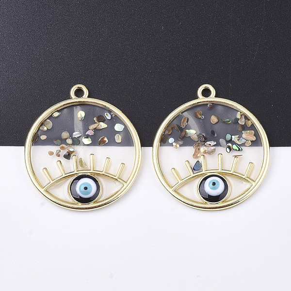

PandaHall Epoxy Resin Pendants, with Shell, Alloy Findings and Enamel, Flat Round with Eye, Golden, Black, 39x34x4mm, Hole: 2.5mm...