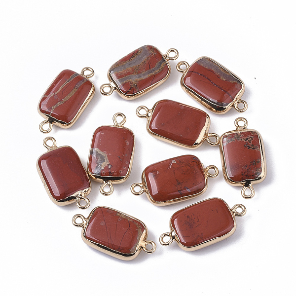 

PandaHall Edge Golden Plated Natural Red Jasper Links connectors, with Golden Tone Iron Loops, Rectangle, 26~27x13.5x6~7mm, Hole: 1.6~1.8mm...