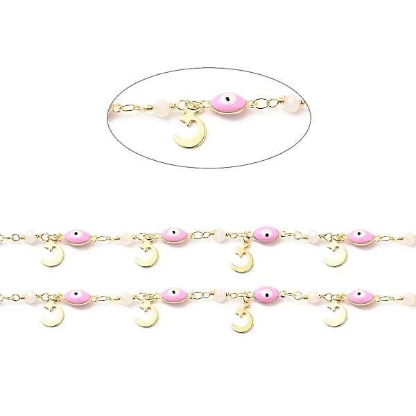 

PandaHall Enamel Horse Eye Link Chains, with Glass Round Beaded and Brass Moon Charms, Real 18K Gold Plated, Soldered, Long-Lasting Plated...