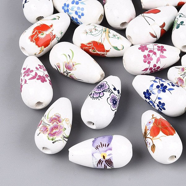 Floral Print Teardrop Porcelain Beads