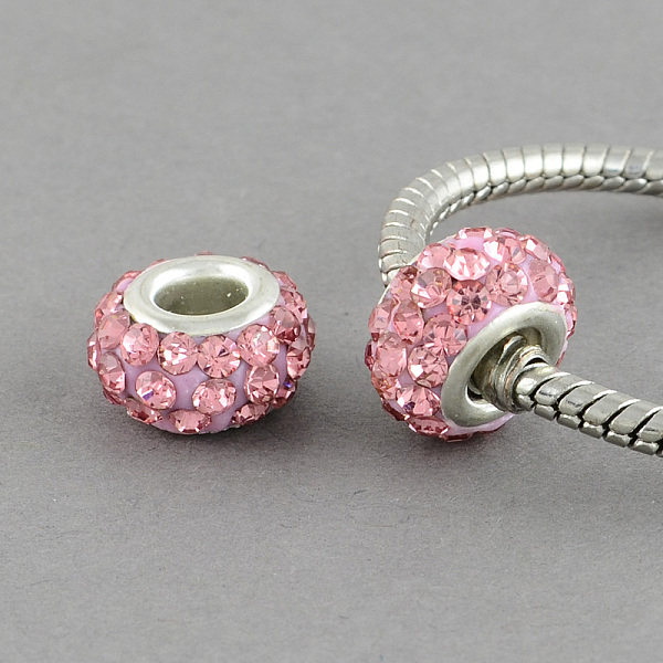 

PandaHall Polymer Clay Grade A Rhinestone Rondelle European Beads, with Double Brass Silver Color Plated Core, Large Hole Beads, Light Rose..., Pink
