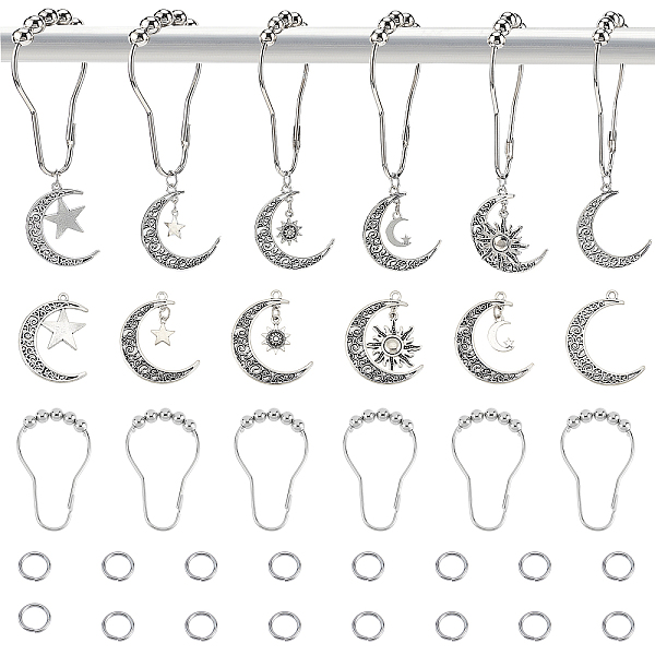 PandaHall AHADERMAKER 20Pcs Iron Shower Curtain Rings, 16Pcs Moon & Star & Sun Alloy Link & Pendants, 20Pcs 304 Stainless Steel Jump Rings...