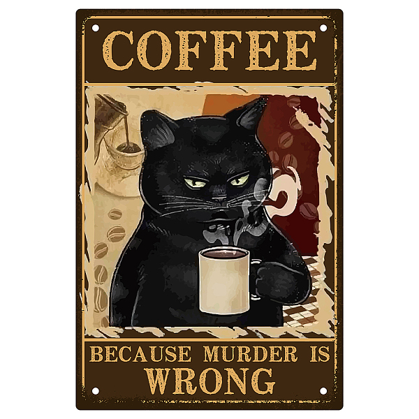 PandaHall CREATCABIN Funny Black Cat Metal Tin Sign Cat Drink Coffee Vintage Metal Poster Sign Because Murder Is Wrong Hanging Sign Art...