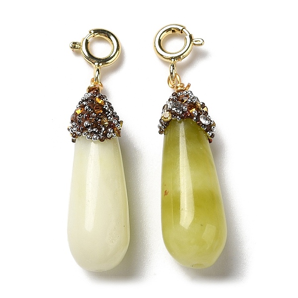 

PandaHall Natural Xiuyan Jade Pendant Decorations, with Rhinestone and Rack Plating Brass Spring Ring Clasps, Teardrop, 34.5~37mm Jade..., Yellow