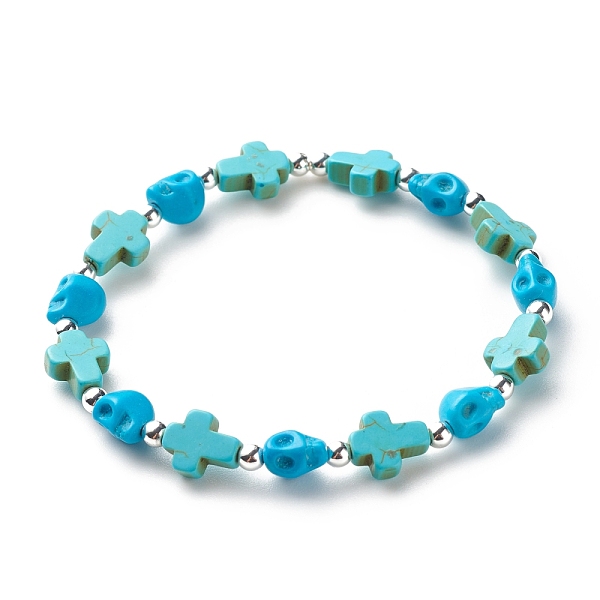 

PandaHall Synthetic Turquoise(Dyed) Cross & Skull Beaded Stretch Bracelet, Halloween Gemstone Jewelry for Women, Turquoise(Dyed), Inner..., Green