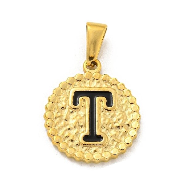 

PandaHall Ion Plating(IP) 304 Stainless Steel Enamel Pendants, Golden, Flat Round with Letter Charm, Letter T, 21x18x2mm, Hole: 8x3.5mm..., Black