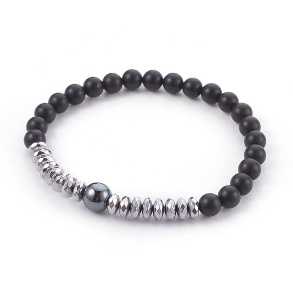 

PandaHall Natural Black Agate(Dyed) Beads Stretch Bracelets, with Non-Magnetic Synthetic Hematite Beads, 2-1/2 inch(6.3cm) Black Agate