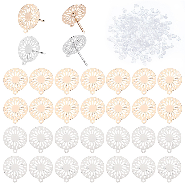 

PandaHall DICOSMETIC 32Pcs 2 Colors Brass Stud Earring Findings, with Horizontal Loops, Flat Round with Flower, with 50Pcs Plastic Ear Nuts...