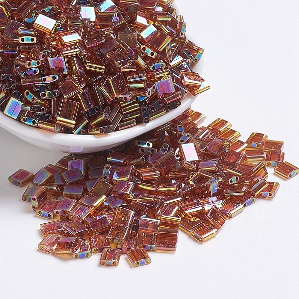 

PandaHall MIYUKI TILA Beads, Japanese Seed Beads, 2-Hole, (TL257) Transparent Topaz AB, 5x5x1.9mm, Hole: 0.8mm, about 118pcs/10g Glass Brown