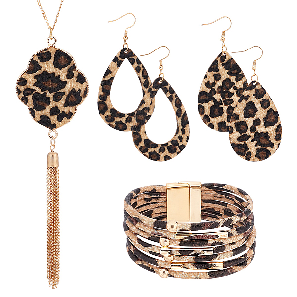 Pandahall Anattasoul Leopard Print Teardrop Dangle Earrings & Multi-Strand Bracelet & Tassel Pendant Necklace, Golden Alloy Jewelry For...