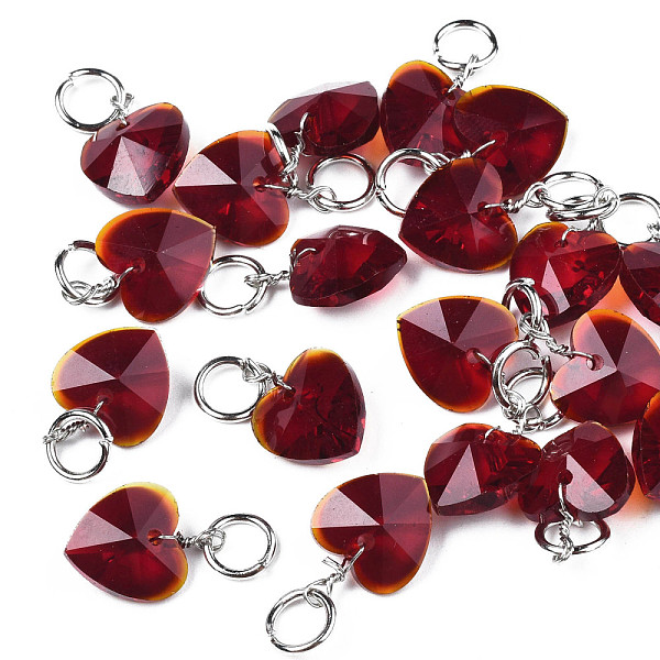 PandaHall Faceted Transparent Glass Charms, with Iron Jump Ring, Heart, Dark Red, 13~14x10x5~6mm, Hole: 4mm Iron+Glass Heart