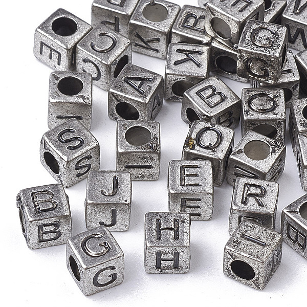 

PandaHall Antique Style Acrylic Beads, Horizontal Hole, Cube with Initial Letter, Antique Silver Plated, 6x6x6mm, Hole: 3mm, about...