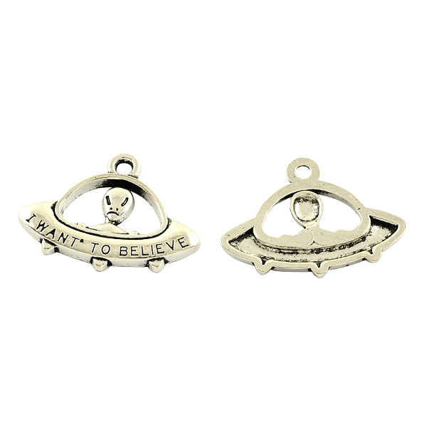 

PandaHall Tibetan Style Alloy Pendants, Alien/ET and UFO with Words I want to Believe, Cadmium Free & Lead Free, Antique Silver, 23x31x3mm...
