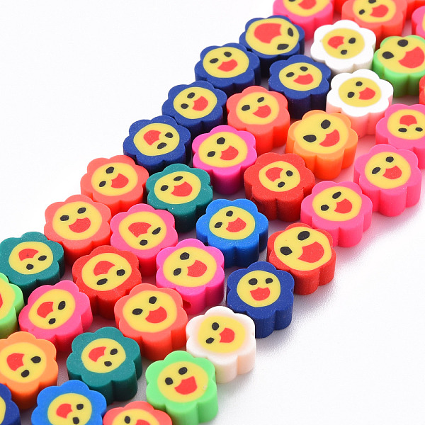 PandaHall Handmade Polymer Clay Beads Strands, for DIY Jewelry Crafts Supplies, Flower with Smiling Face, Mixed Color, 9x9~10x4~5mm, Hole...