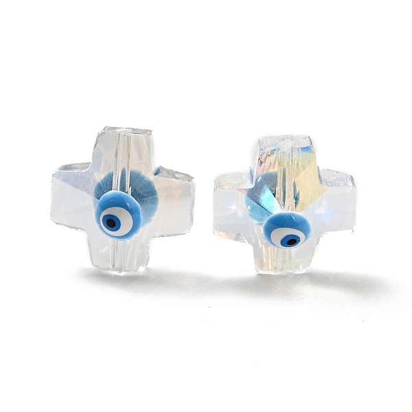 

PandaHall Transparent Glass Beads, with Enamel, Cross with Evil Eye Pattern, Deep Sky Blue, 14.5x14x9mm, Hole: 1.2mm Glass Cross
