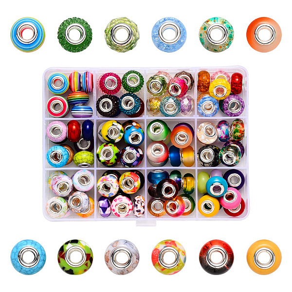 

PandaHall Acrylic European Beads, Large Hole Beads, with Silver Color Plated Brass Double Cores, Rondelle, Mixed Color, Beads..., Multicolor